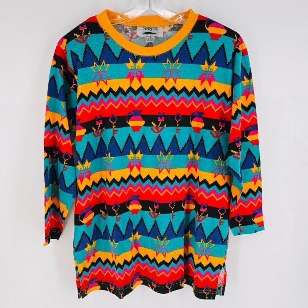 Synopsis New York Size L Vintage Aztec 90s Retro Bright Long Sleeve Tunic Top